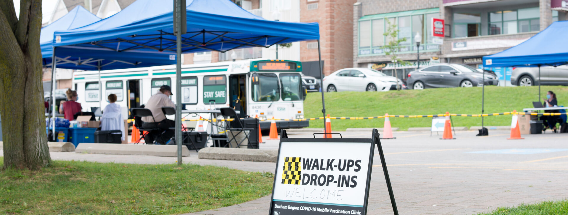 Outdoor walk-in Covid 19 vaccination clinic in lake side small town Port Perry , Ontario, Canada