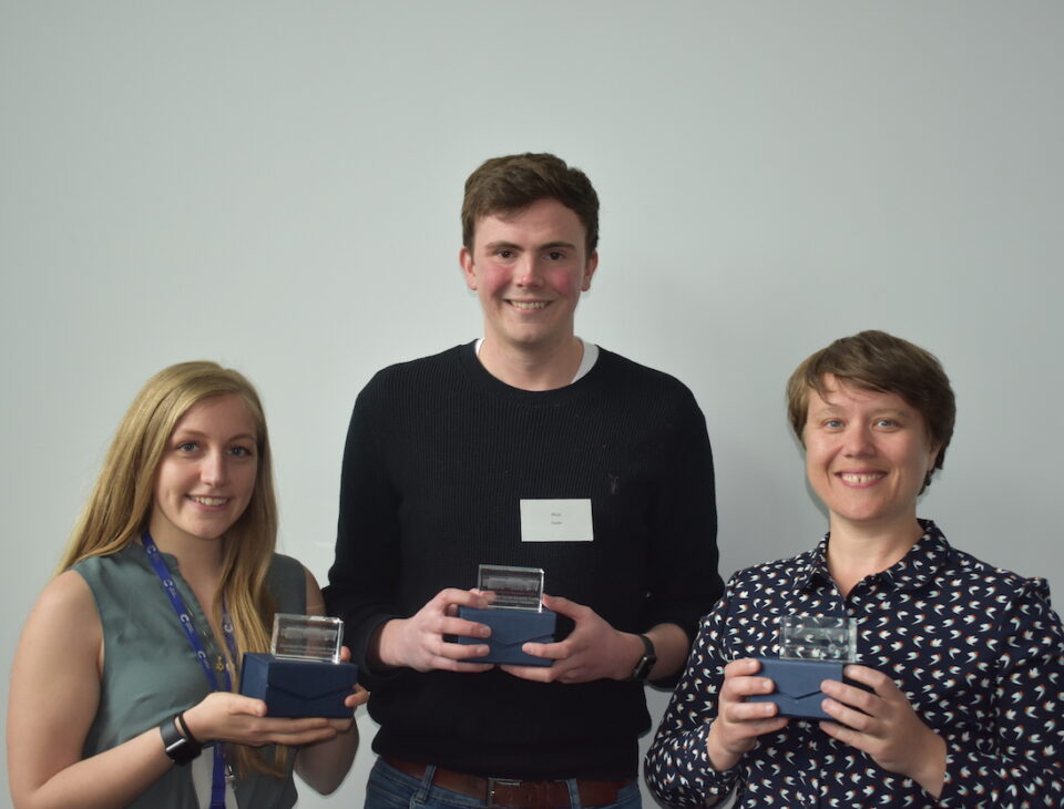 Prize winners at the 2022 MCRC-DCS Showcase, left to right Danielle Love (2nd place oral presenter), Rhys Owens (First place poster prize), Jennifer Davies-Oliveira (First place oral presenter)