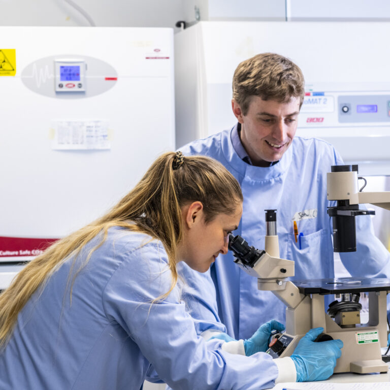 Two researchers in a lab using a microscope