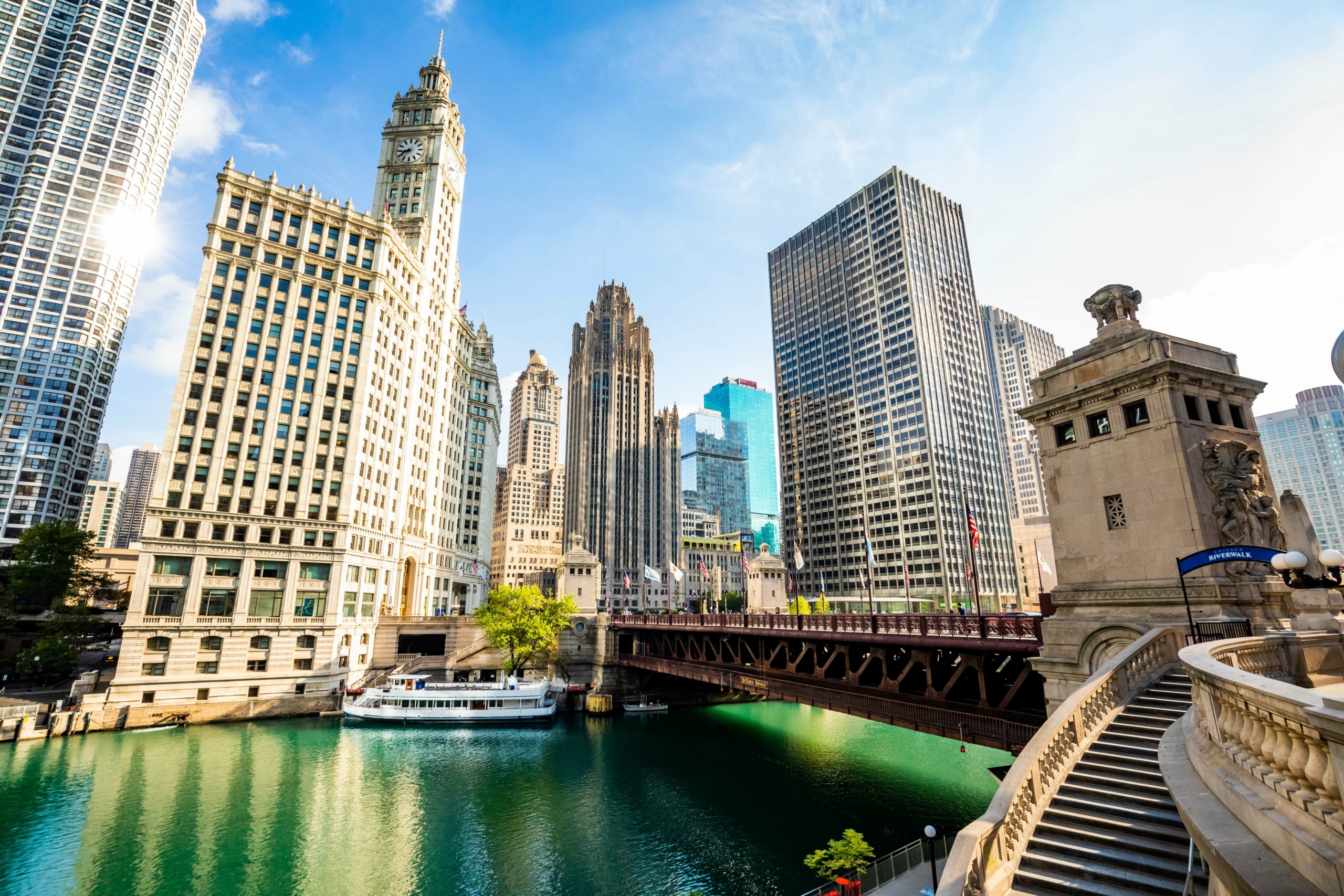 View of Chicago river buildings modern architecture in summer