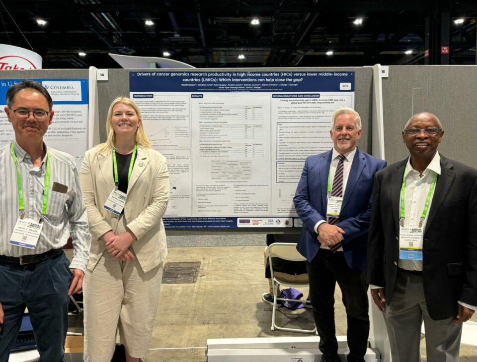 Rachel Chown (second from left) presenting her poster at AACR 2025 alongside co-authors (left to right) Professors David Wedge, Rob Bristow and George Njorge