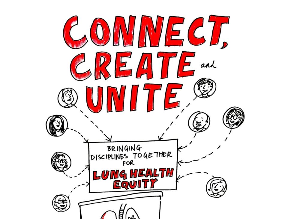 Poster with the words Connect, Create and Unite used to show different disciplines coming together to improve lung health equity