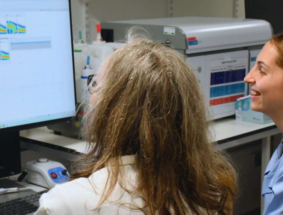 Researchers looking at data on a laboratory computer