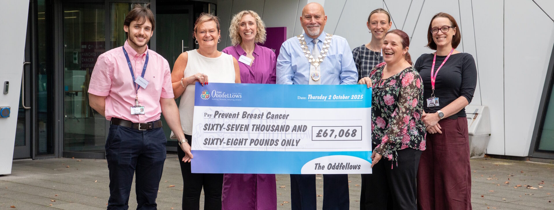 (L-R) Anthony Wilby (UoM), Jane Nelson (CEO, the Oddfellows), Nikki Barraclough (CEO, Prevent Breast Cancer), John Mann (Chairman, the Oddfellows), Eva Hughes (Trusts, Research and Impact Officer, Prevent Breast Cancer), Pam Casey (nominating member, the Oddfellows), Dr Hannah Harrison (UoM)